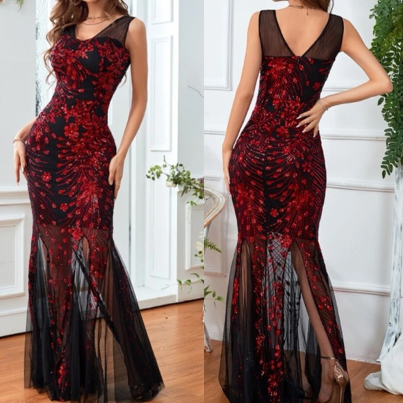 Luxurious sequins embroidered mesh evening party formal gown dress - Picture 2 of 11